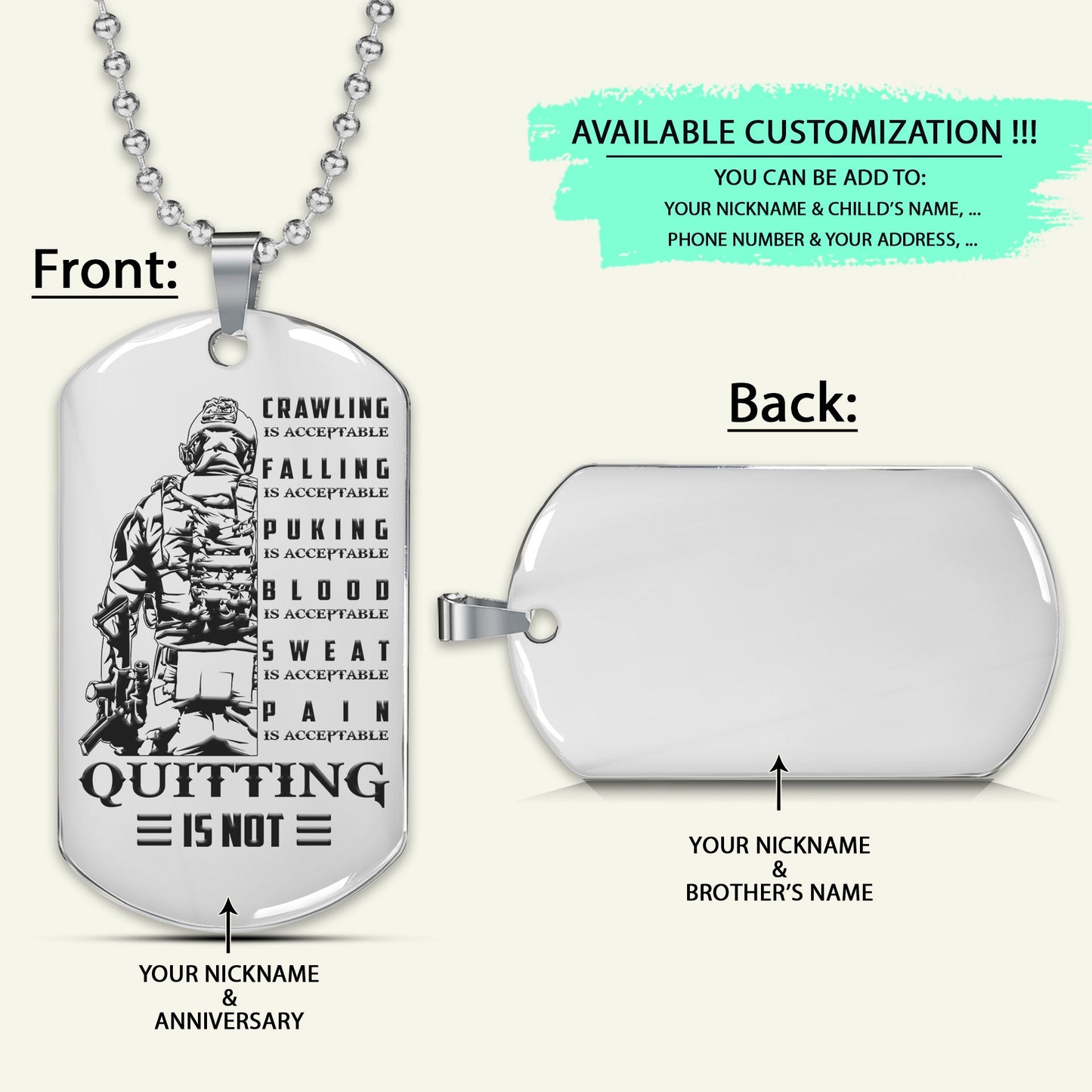 SDD023 - Quitting Is Not - Soldier Dog Tag - Engrave Silver Dog Tag