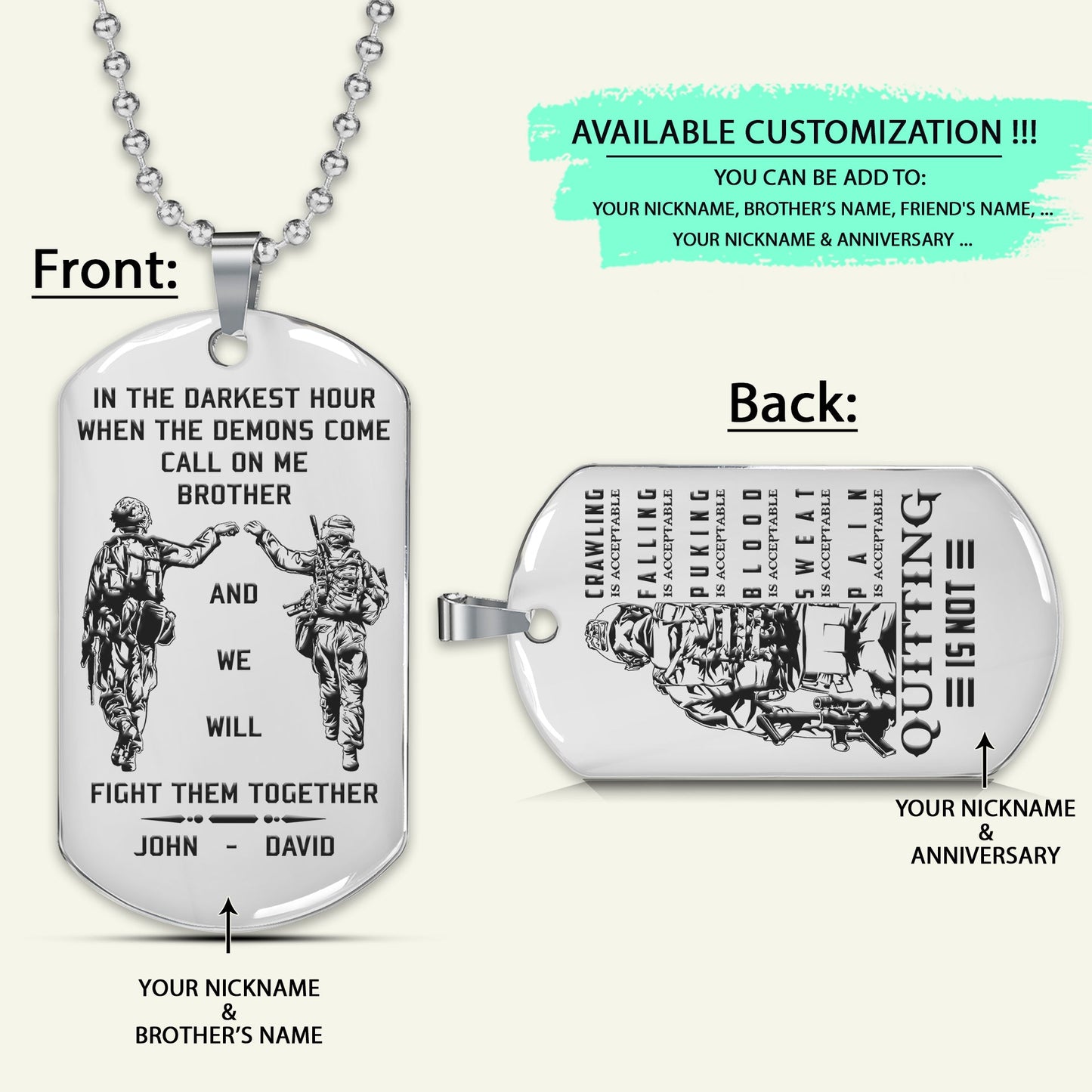 SDD026 - Call On Me Brother - English - Quitting Is Not - Slodier Dog Tag - Engrave Double Silver Dog Tag