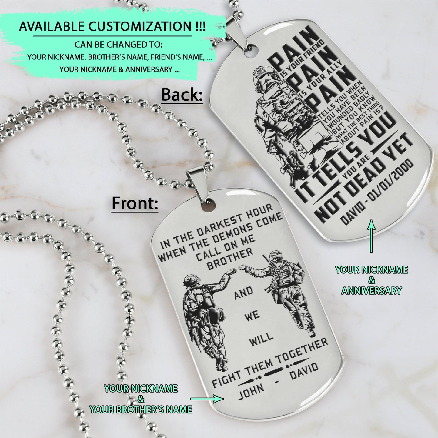 SDD027 - Call On Me Brother - English - PAIN - It Tell You - You Are Not Dead Yet - Slodier Dog Tag - Engrave Double Silver Dog Tag