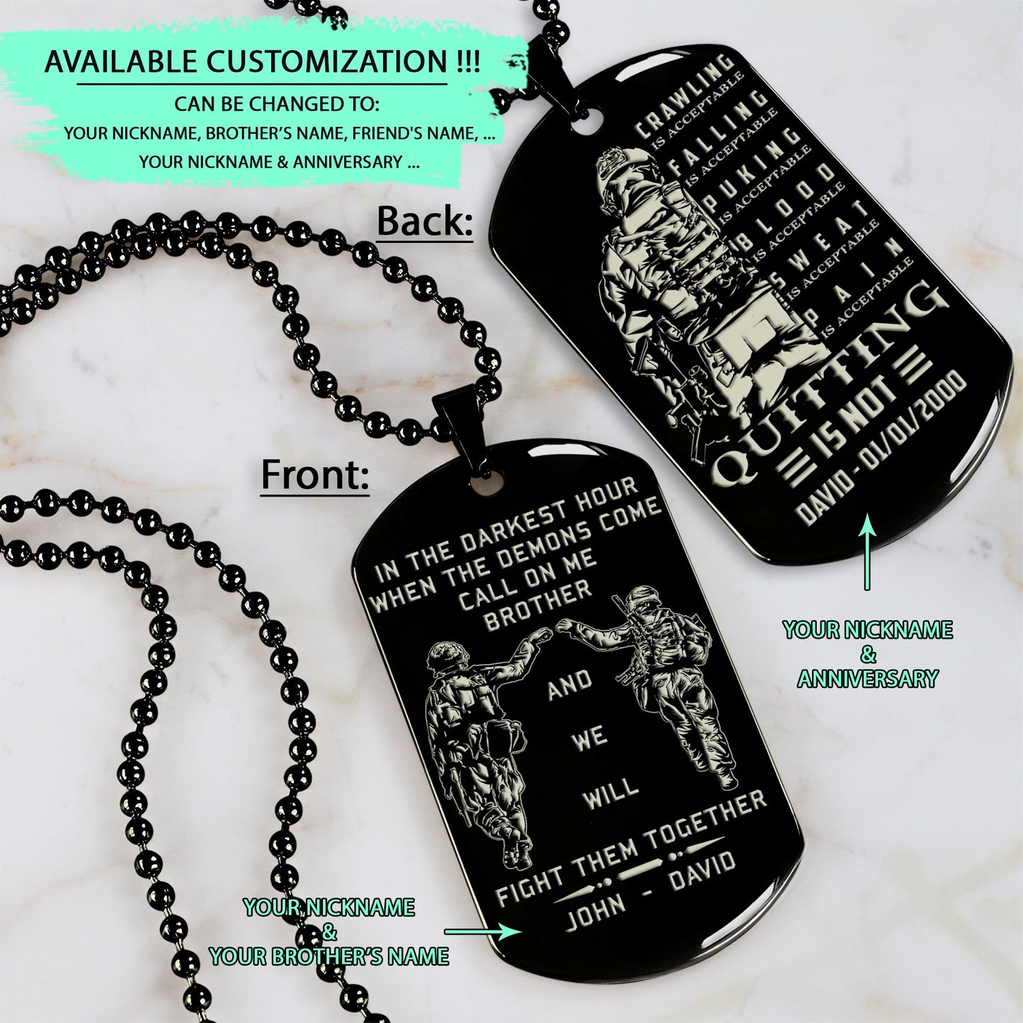 SDD029 - Call On Me Brother - English - Quitting Is Not - Slodier Dog Tag - Engrave Double Black Dog Tag