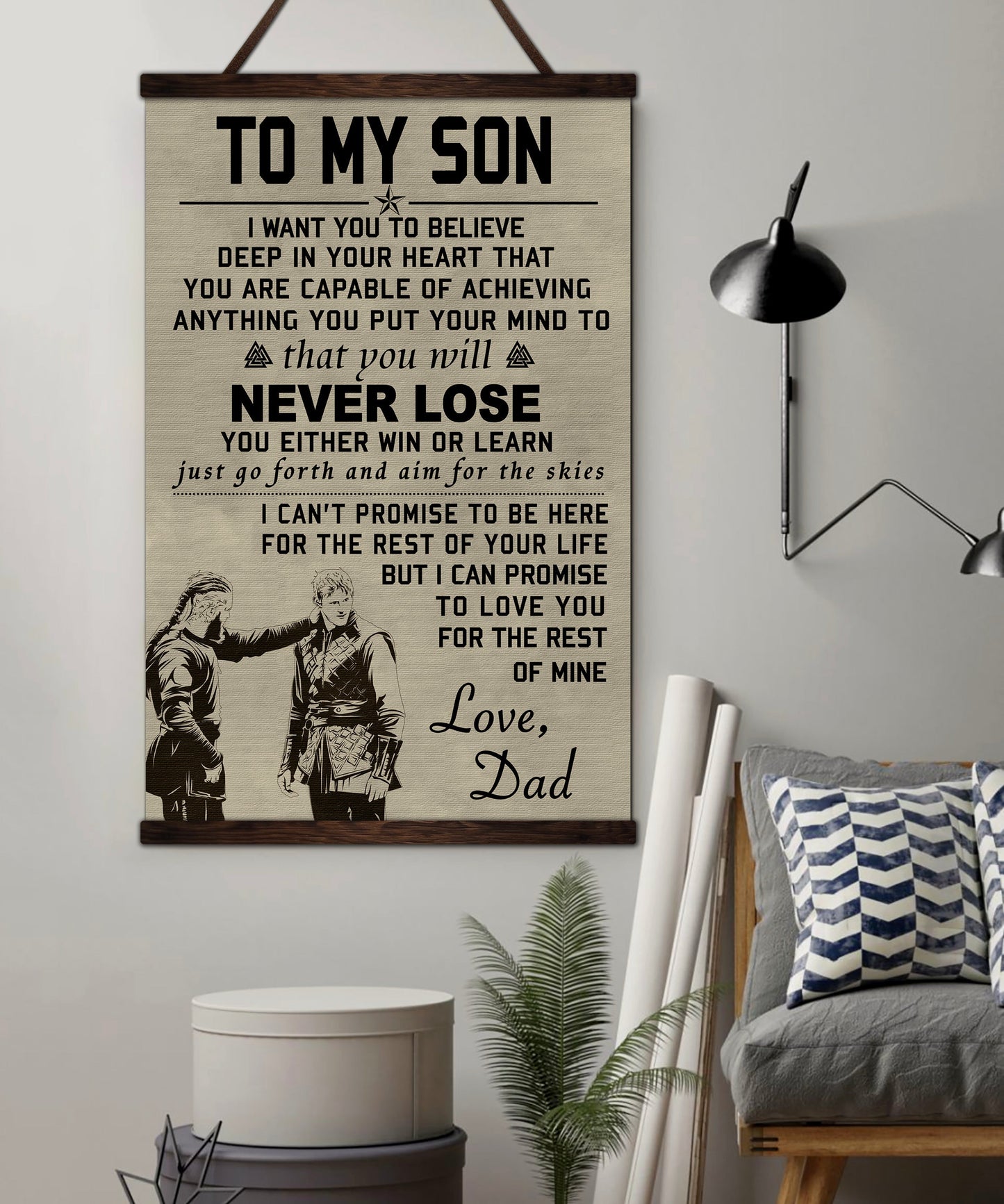 vk038 - to my son - never lose - ragnar and son - viking canvas with the wood frame