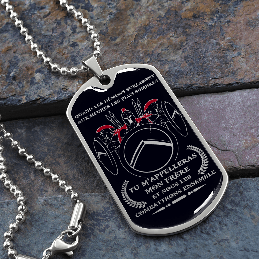 Warrior - Spartan - Call On Me Brother - French - Black - Luxury Dog Tag - Military Ball Chain