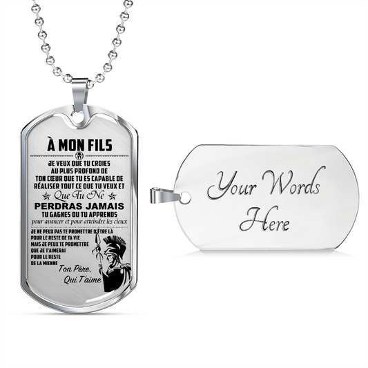 Warrior - Spartan - Mom To Son - Never Lose - French - Luxury Dog Tag - Military Ball Chain